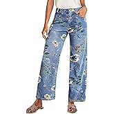 Flamingals High-Rise Vintage Floral Straight Leg Pants for Women Summer Casual Denim Pants