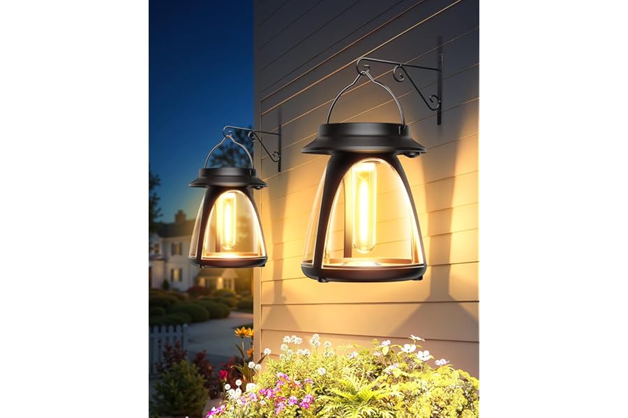 BUCASA Solar Lanterns Outdoor Waterproof 2 Pack, Hanging Solar Lights for Outside with Wall Mount, Auto On/Off Decorative Lanterns Outdoor Hanging for Garden Patio Porch Yard