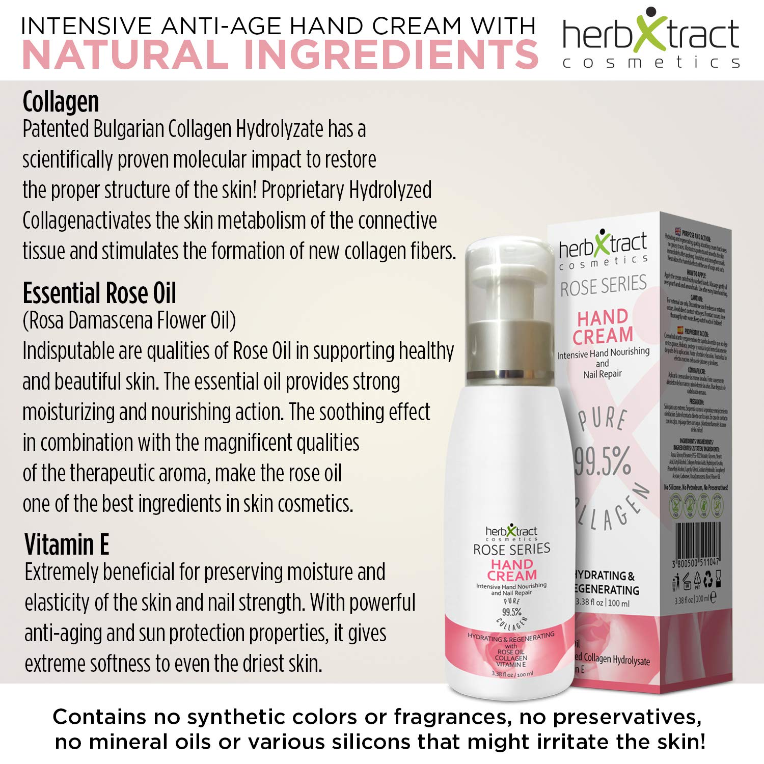 Hand Cream with Collagen, Essential Rose Oil, Keratin and Vitamin E - Anti-aging Lotion for Dry Aging Hands. For Silky Smooth Hands Skin Moisturizer by HerbXtract, 3.4 Fluid Ounces : Beauty