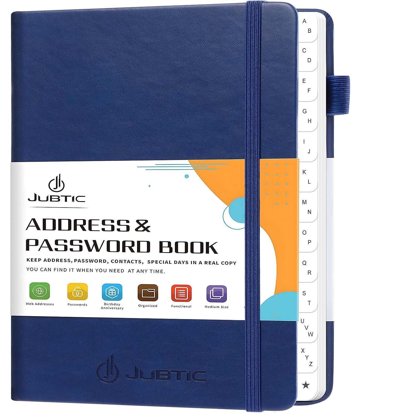 JUBTIC Address Book with Alphabetical Tabs, Hardcover Password Keeper and Telephone Book Address Organizer for Contacts, Internet Login Address Log Book Journal Notebook for Home or Office-Navy Blue