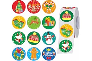 HEBAYY 1000 PCS Christmas Stickers, 12 Designs Roll Stickers Winter Holiday Decoration Round Labels for Xmas Display Envelope Seal Christmas Party Supplies Reward Gifts with Perforation line (1 Inch Each)