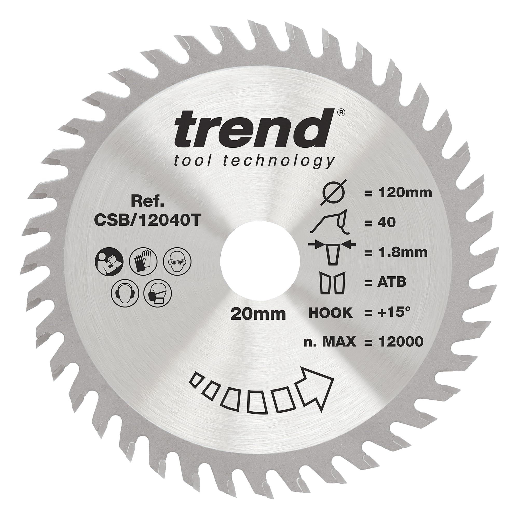 Trend Wood Cordless Circular Saw Blade, 120mm Diameter, 20mm Bore, 40 Teeth, 1.8mm Kerf, +15° Hook, TCT, Fine Finish, CSB/12040T