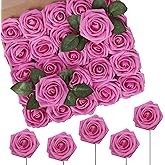 N&T NIETING Artificial Flowers, Hot Pink Artificial Roses, 50pcs Fake Flowers with Stem for DIY Wedding Bouquets Centerpieces Bridal Baby Shower Party Home Arrangement Decoration