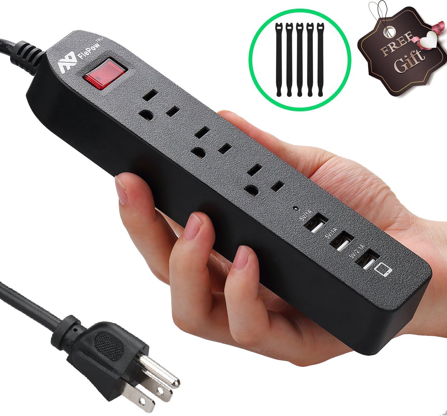 FlePow 3-Outlet Surge Protector 1250W/10A Mini Travel Power Strip with 3 USB Charging Ports for Iphone, Samsung, iPad and More Smartphone and Tablet