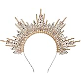 COSUCOS Gold Sun Halo Crown - Sunburst Spiked Headband Renfaire Fantasy Headpiece with Purple Pearl, Virgin Mary Goddess Headwear for Women Wedding Photoshoot Halloween Cosplay Renaissance Costume