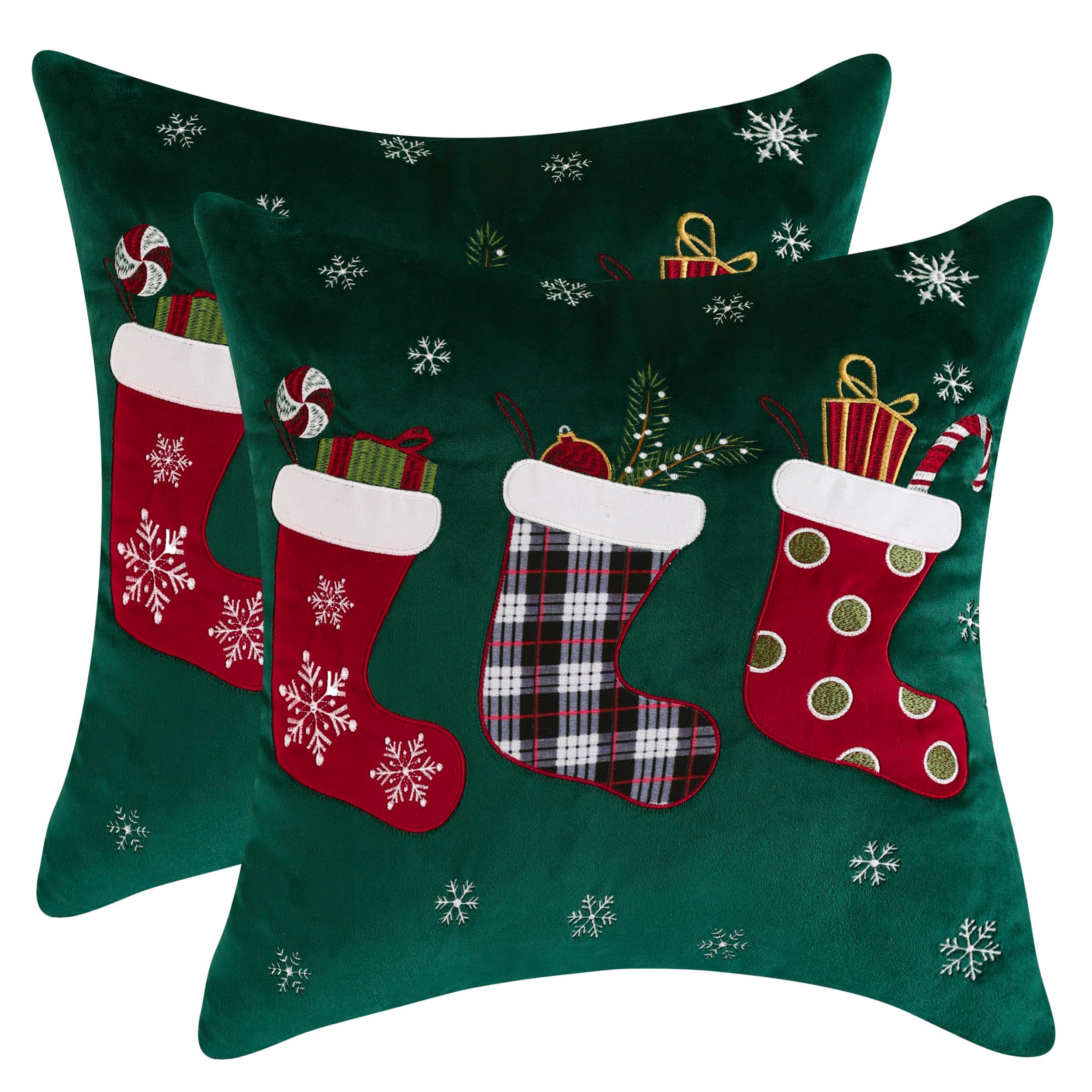 Tosleo Christmas Green Throw Pillow Cover 18 x 18 Inch Set of 2 Stocking Snowflake Embroidery Pillowcases Party Decorations Winter Holiday Soft Velvet Cushion Cases