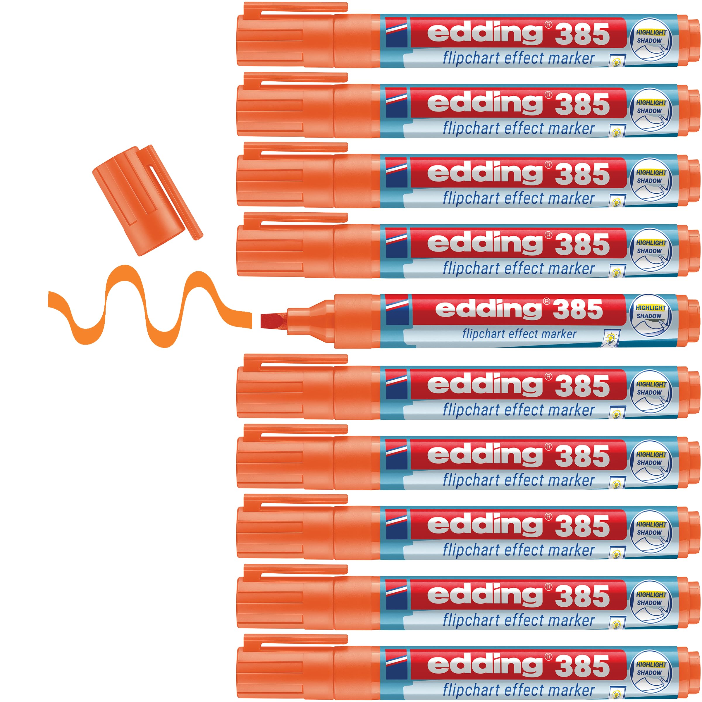 edding 385 Flipchart Effektmarker - orange - 10er Pack - flexible Pinselspitze 1-5 mm - Marker zum Hervorheben, Schattieren und Markieren auf Flipchartpapier - blutet nicht aus - trocknet nicht aus