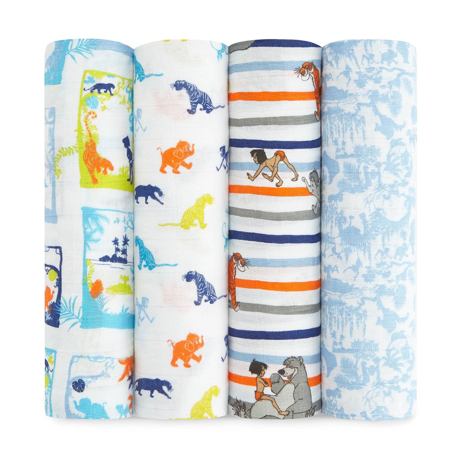 aden + anais Disney, Swaddle Blanket | Boutique Muslin Blankets for Girls & Boys | Baby Receiving Swaddles | Ideal Newborn & Infant Swaddling Set | Perfect Shower Gifts, 4 Pack, Jungle Book