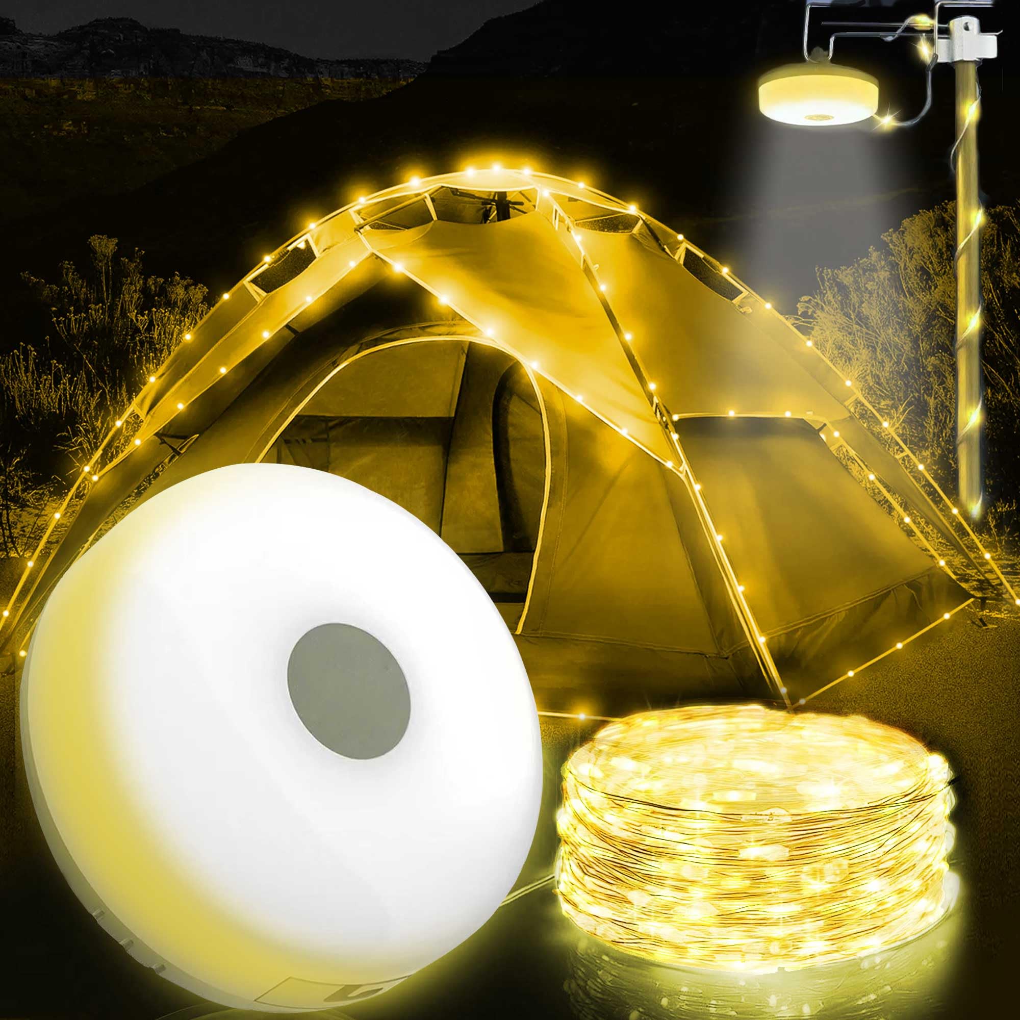 Aomaic Camping String Lights 20M Outdoor Waterproof Portable Stowable String Light Rechargeable Camping String Lights Reel USB for Outdoor Indoor Home RV Garden Patio