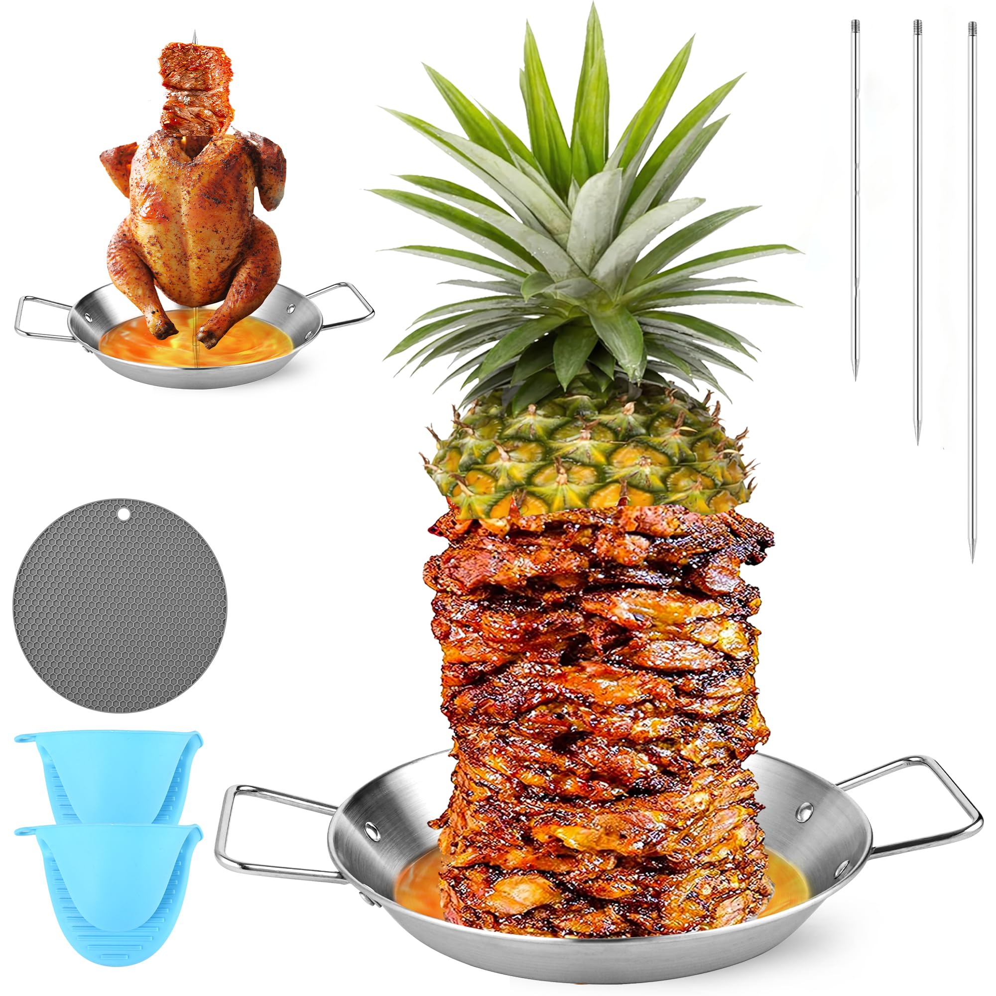 Photo 1 of 10 Inch Al Pastor Skewer for Grill, Stainless Steel Vertical Skewer Pan Vertical Rotisserie with 3 Removable Barbecue Skewers (8" 10" 12") Gloves and Mat for Tacos Al Pastor Shawarma Grill Oven Smoker