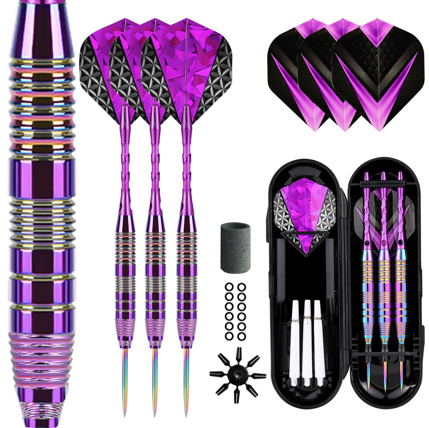 Himmbods Darts Metal Tip Set 3 Aluminum Shaft Metal Dart Set Professional Darts Plastic Tip Sets + Extra 3 Dart Flights 3 Replace Plastic Shafts Beginner or Professional Darts (Light Purple)