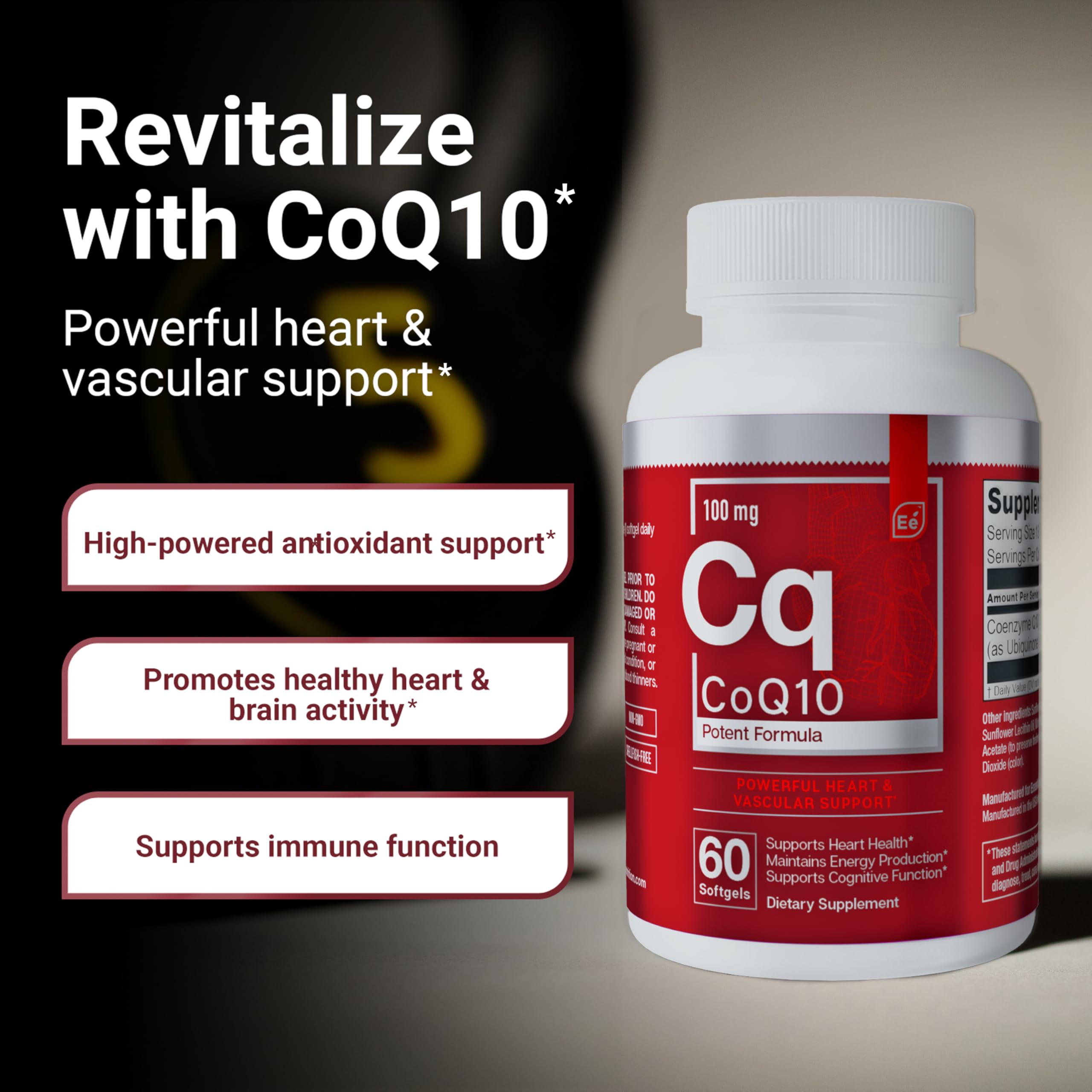 Essential Elements CoQ10 100mg Softgels for Heart, Brain, and Vascular Support - Comprehensive Coenzyme Q10 Supplement Formulated for Optimal Absorption - 60 Count, 2 Month Supply