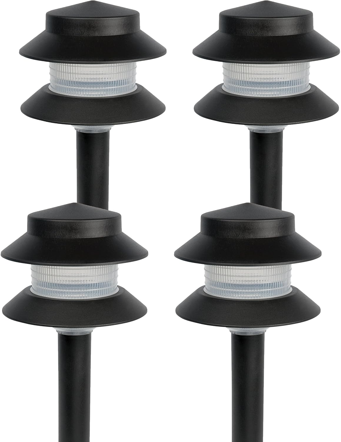 Paradise Garden Lighting GL22627 Outdoor Landscaping Path Light, Black Plastic 2-Tier Post Light, Ribbed Plastic Lens, Low Voltage 4W Incandescent T5 Wedge Bulb, 20 Lumens, 5.2"x5.2"x8.66"