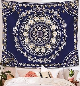 Lifeel Blue Bohemian Tapestry Wall Hanging, Mandala Floral Medallion Hippie Tapestry with White Aesthetic Wreath Design, Navy Wall Decor Blanket for Bedroom Home Dorm, Small 50×60 inches