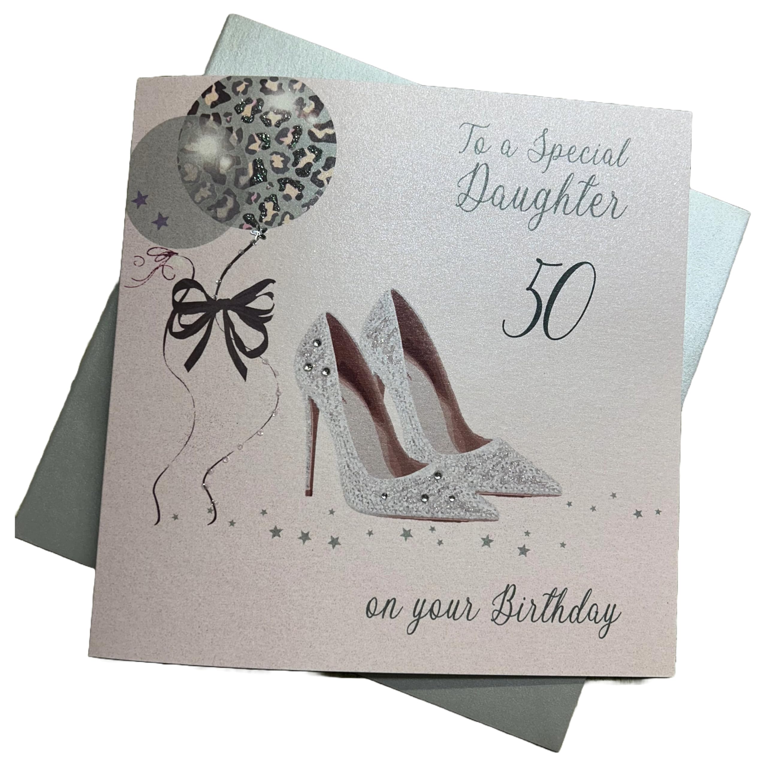 White Cotton Cards Large Glitter Ball & Shoes, 50 to a Special Daughter Handmade 50th Birthday Card, X50D
