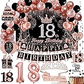 Rose Gold 18th Birthday Decorations for Girls Women - Backdrop, Sparkle Crown Sash, Happy 18th Birthday Banner, Cake Topper, 18 Number Balloons, Hanging Swirl Decorations - 70pcs
