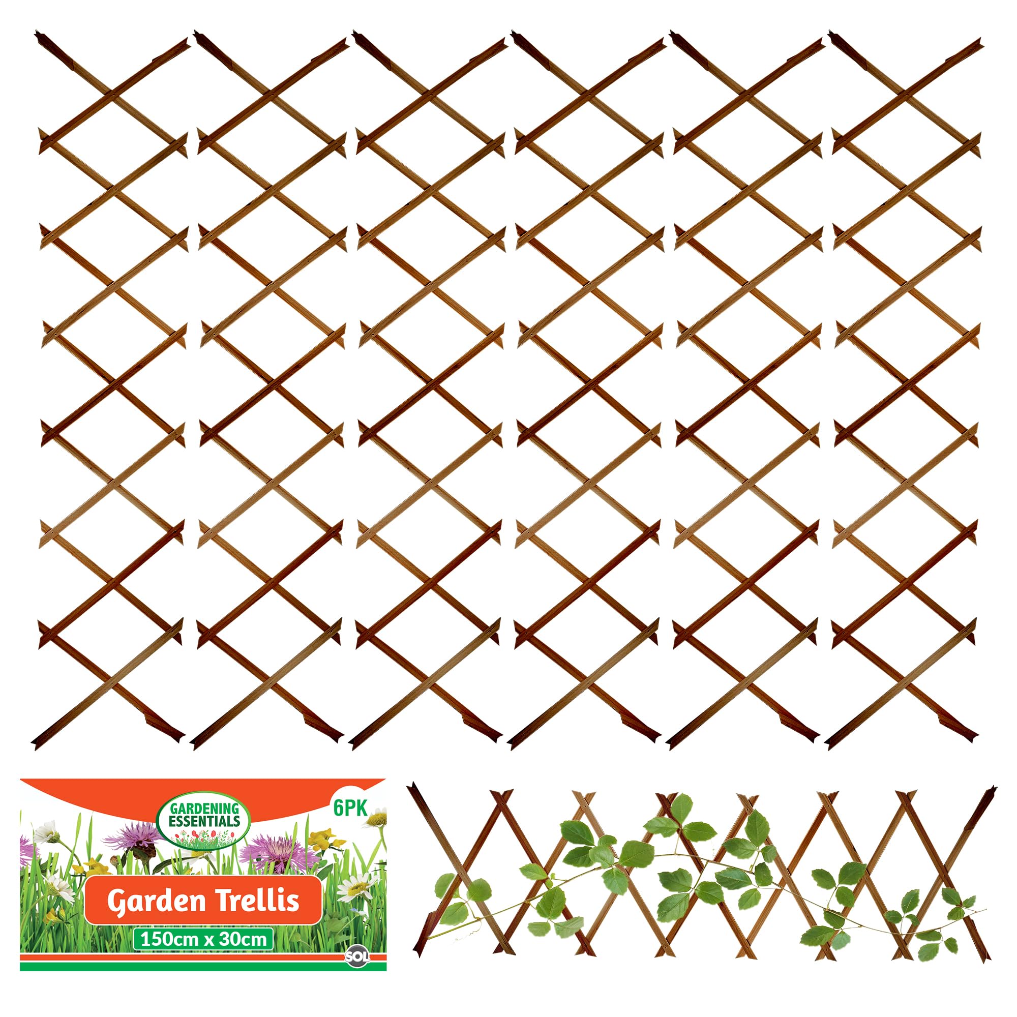 SOL 6pk Garden Trellis for Climbing Plants 150cm x 30cm Expanding Garden Trellises, Trellis for Fences, Wall Trellis Fence Panels Garden Trellis Fence, Garden Trellice, Wall Trellis Panel