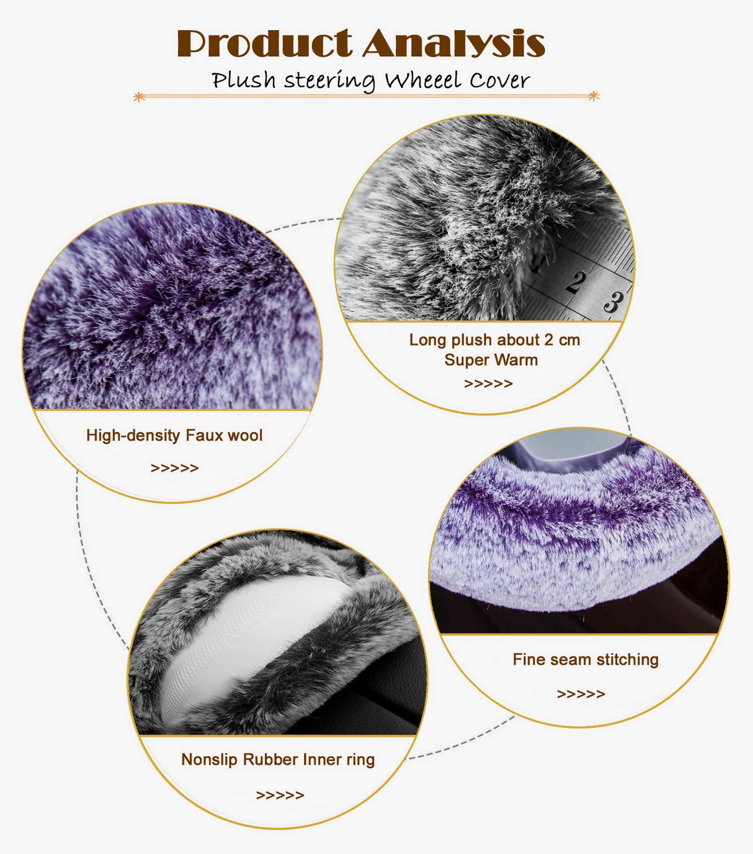 Auto-living Steering Wheel Cover Winter Warm Soft Fluffy Faux Wool Long Plush Steering Wheel Covers Protector Universal 15 Inches (Long Plush, Purple)
