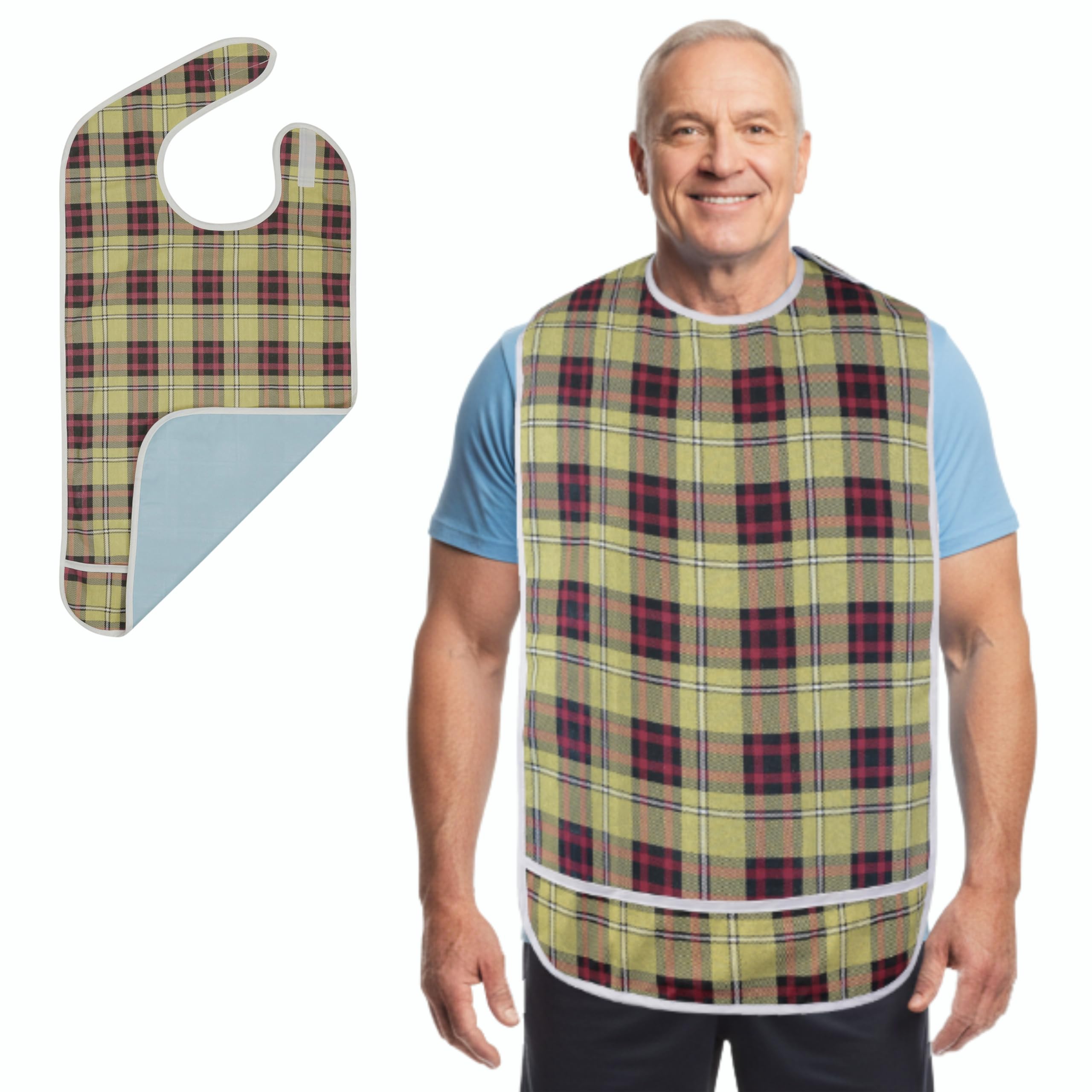 Modaliv Adult Bib - Reusable Clothing Protector - Waterproof - Crumb Catcher - Machine Washable - Extra Long Senior Men and Women Bibs for Eating (Beige/Burgundy)