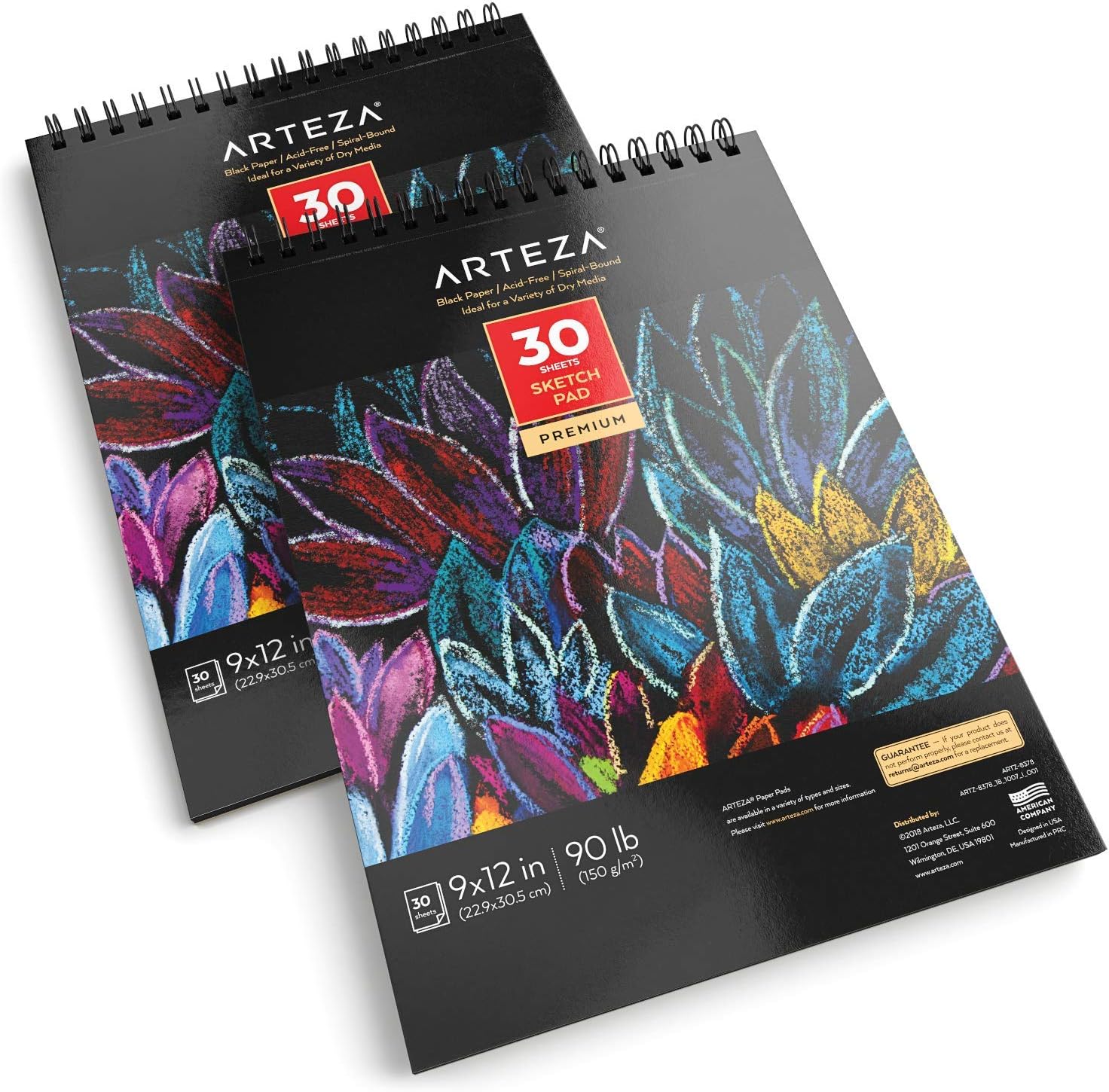 ARTEZA 9X12” Black Sketch Pad, Pack of 2, 60 Sheets (90lb/150gsm), 30 Sheets Each, Spiral-Bound, Heavyweight Paper, Perfect for Graphite & Colored Pencils, Charcoal, Oil Pastels, Gel Pens, Chalk, Ink