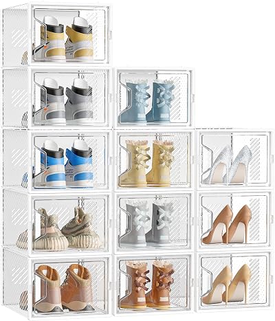 SIMPDIY Large Shoe Storage Box 12 pcs Clear Stackable Organizer with Lids UK 12