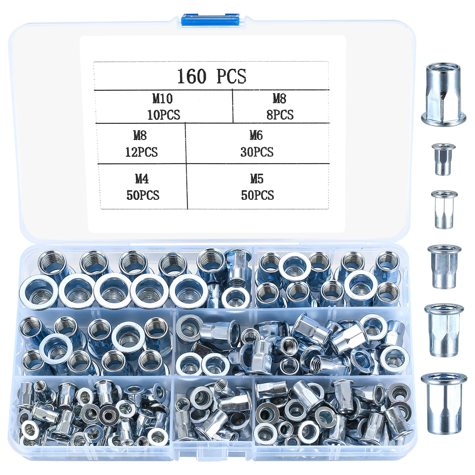 160 Pcs Rivet Nuts, Threaded Insert Nutserts Kit, Flat Head Threaded Insert Nutsert Rivnuts Assortment Set for Automotive Furniture, Assorted Metric M4 M5 M6 M8 M10, Blue Zinc