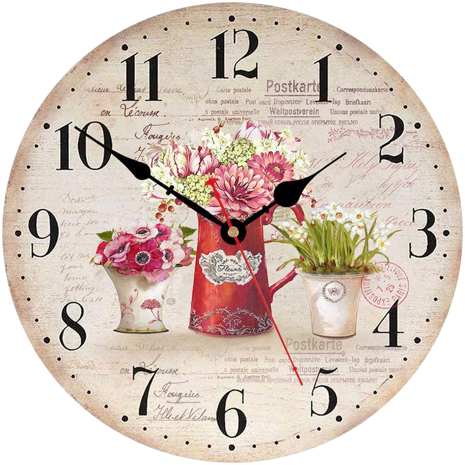 TAHEAT 14 Inch Colorful Flowers Wall Clock, Wooden Rustic Country Clocks, Decorative Accurate Easy to Read Wall Clock for Living Room/Bedroom/Bathroom/Kitchen