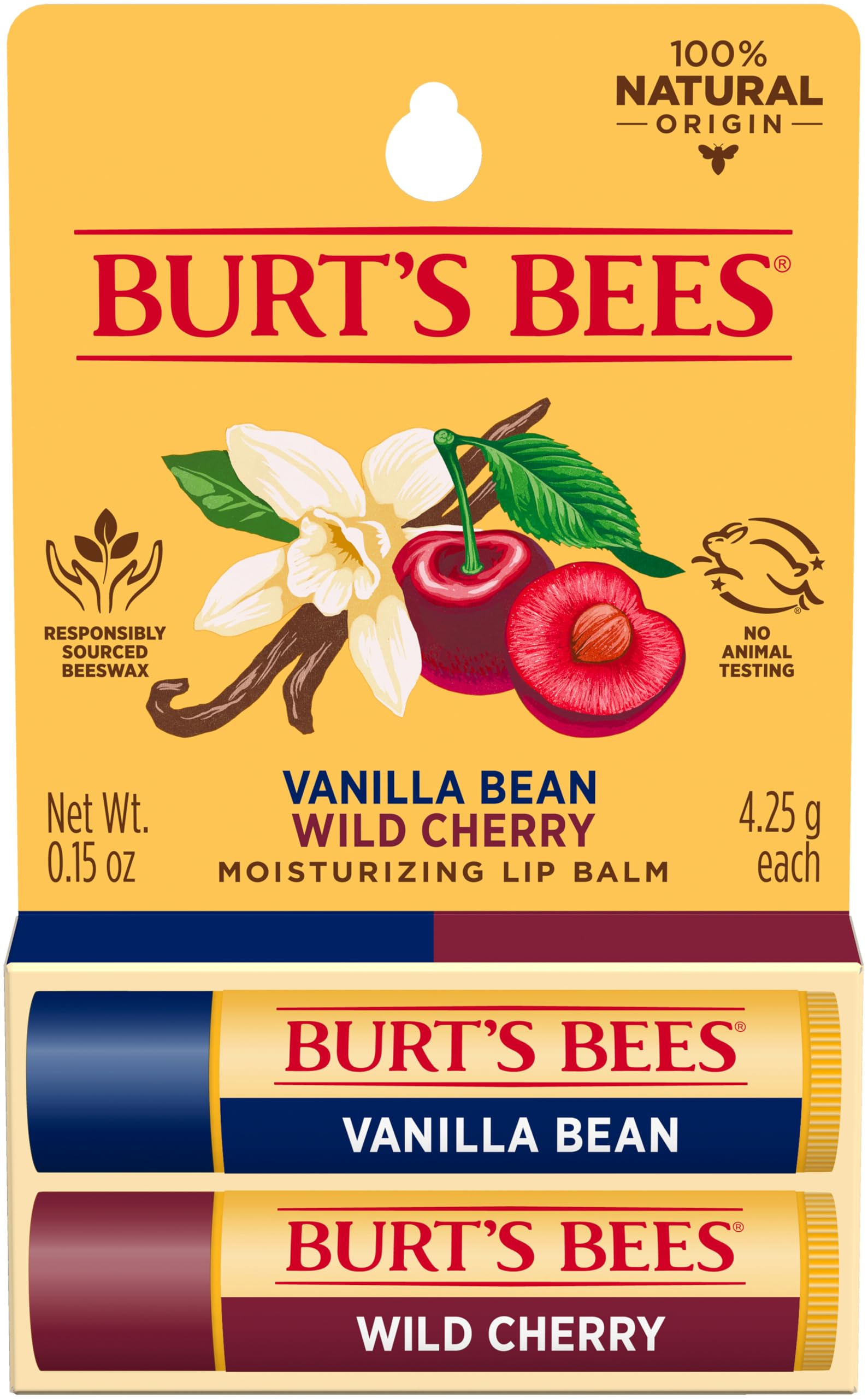 Burts Bees 100% Natural Lip Balm, Wild Cherry and Vanilla Bean Blister Box, 0.3 Ounce, 2 Count by Burt's Bees