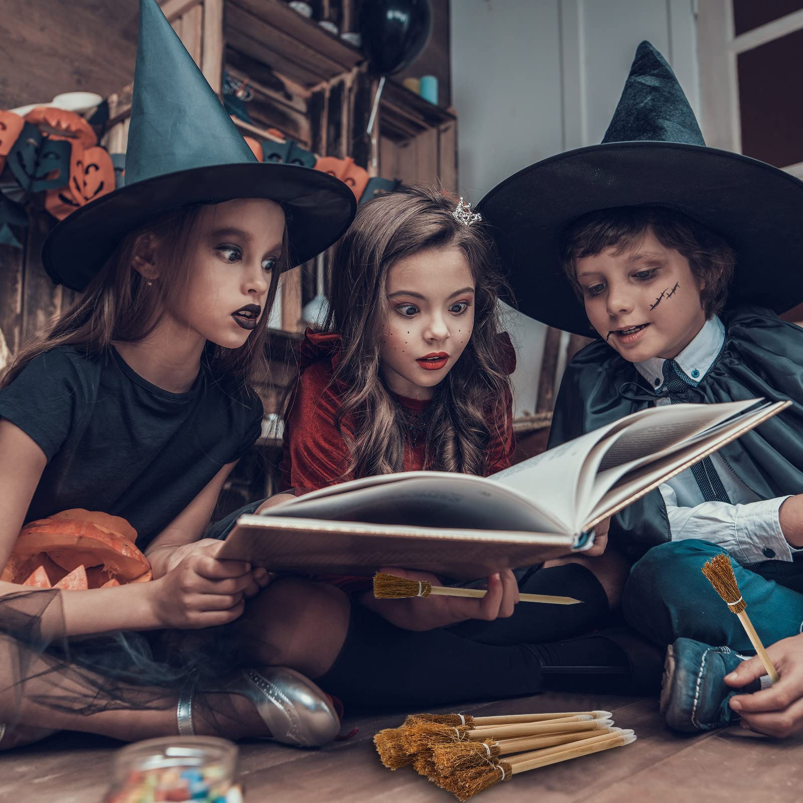 Zonon 12 Pcs Witch Broom Pencils Halloween Witch Party Favors Party Supplies for Kids Teens Adults Classroom Supplies