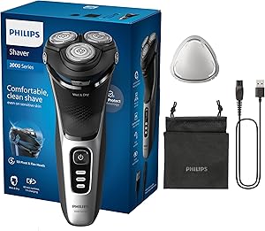Philips Shaver Series 3000 – Elektrischer Nass- und Trockenrasierer für Männer in Schwarz, mit SkinProtect-Technologie, ausklappbarem Bartschneider und Reisetasche, kabellos (Modell S3241/12)