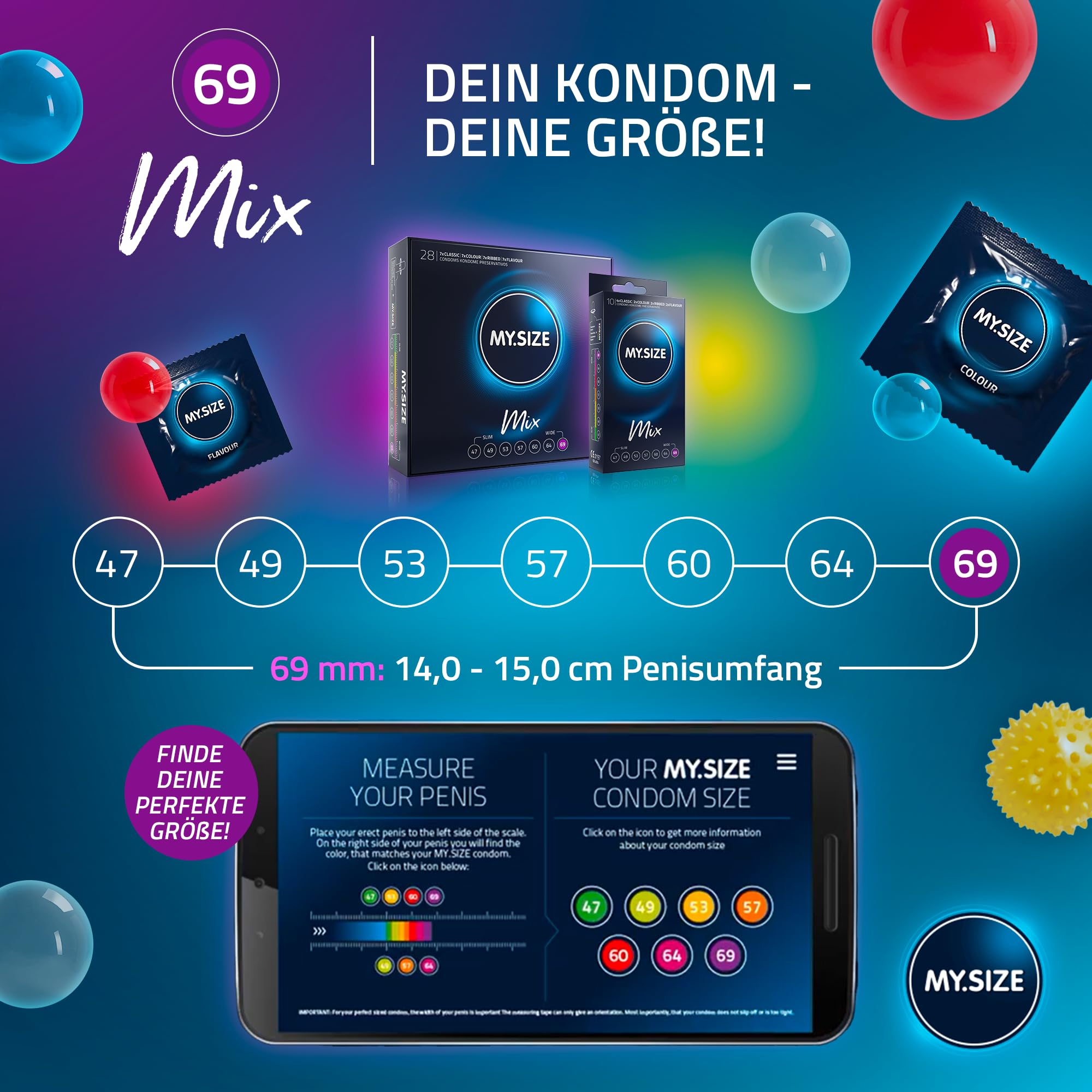 My.Size Mix Kondome Größe 7, 69 mm, Großpackung, | 28 Stück | Condome in 4 aufregenDen Sorten, mit Aroma, Farbe, Genoppt & Classic 5