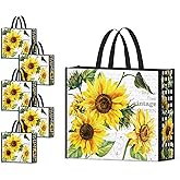 NymphFable 5 Pack Reusable Shopping Bags Sun Flowers Washable Grocery Bags Fabric Tote Bag