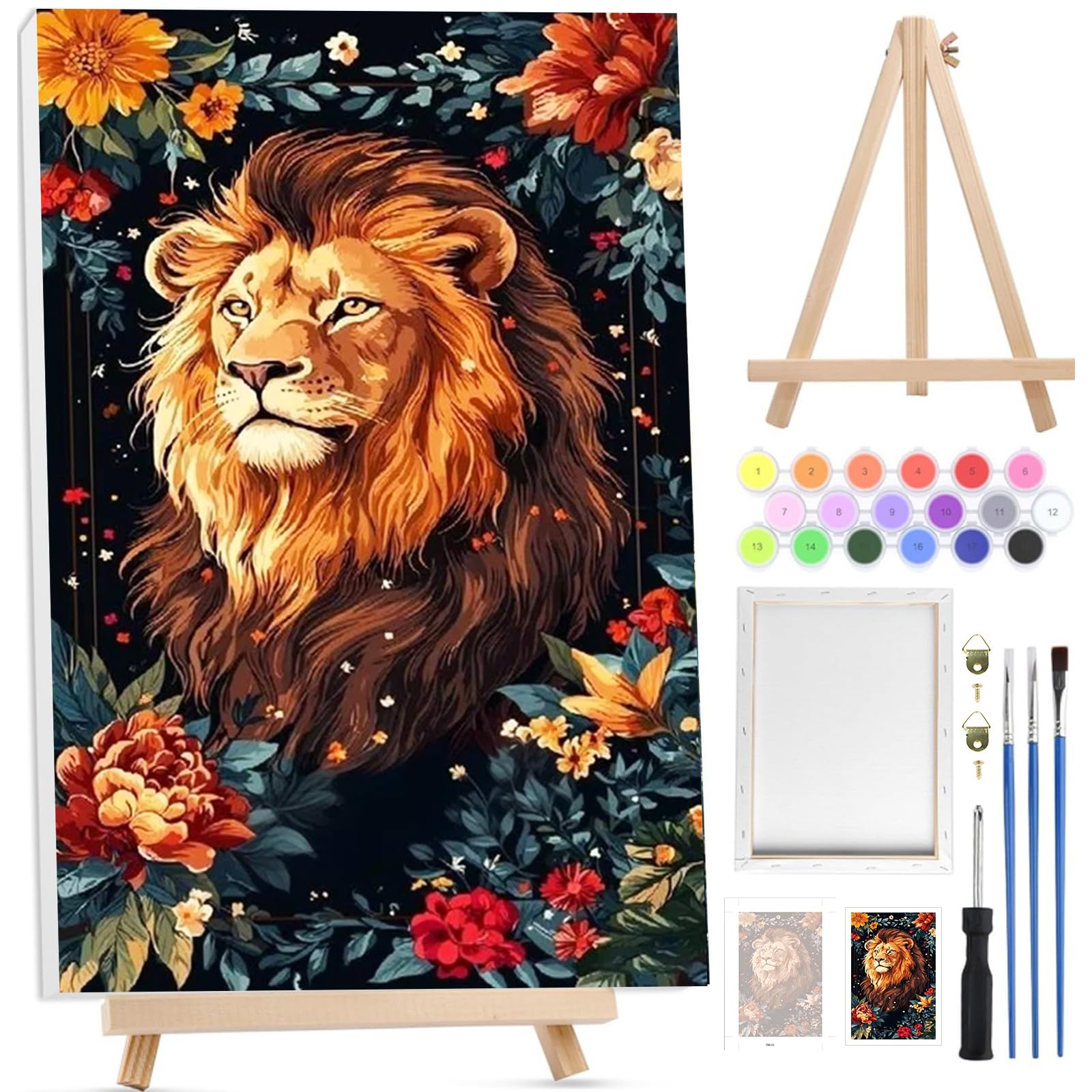 Bowetile Lion Paint by Numbers for Adults with Framed Canvas&Wooden Easel, Animals Painting by Numbers Kit for Adults Beginners Canvas Kit,Color Oil Painting Acrylic Paints for Home Wall Decor20x30cm — image 1