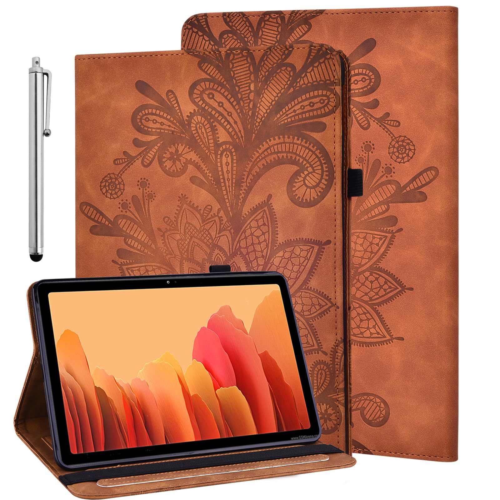 GLANDOTU Samsung Galaxy Tab S6 Lite 10.4 inch 2024/2022/2020 (SM-P620/P625/P610/P615/P613/P619),Lightweight Lace Embossed Flip Wallet Tablet Cover with Auto Sleep/Wake + Stand Function -Brown