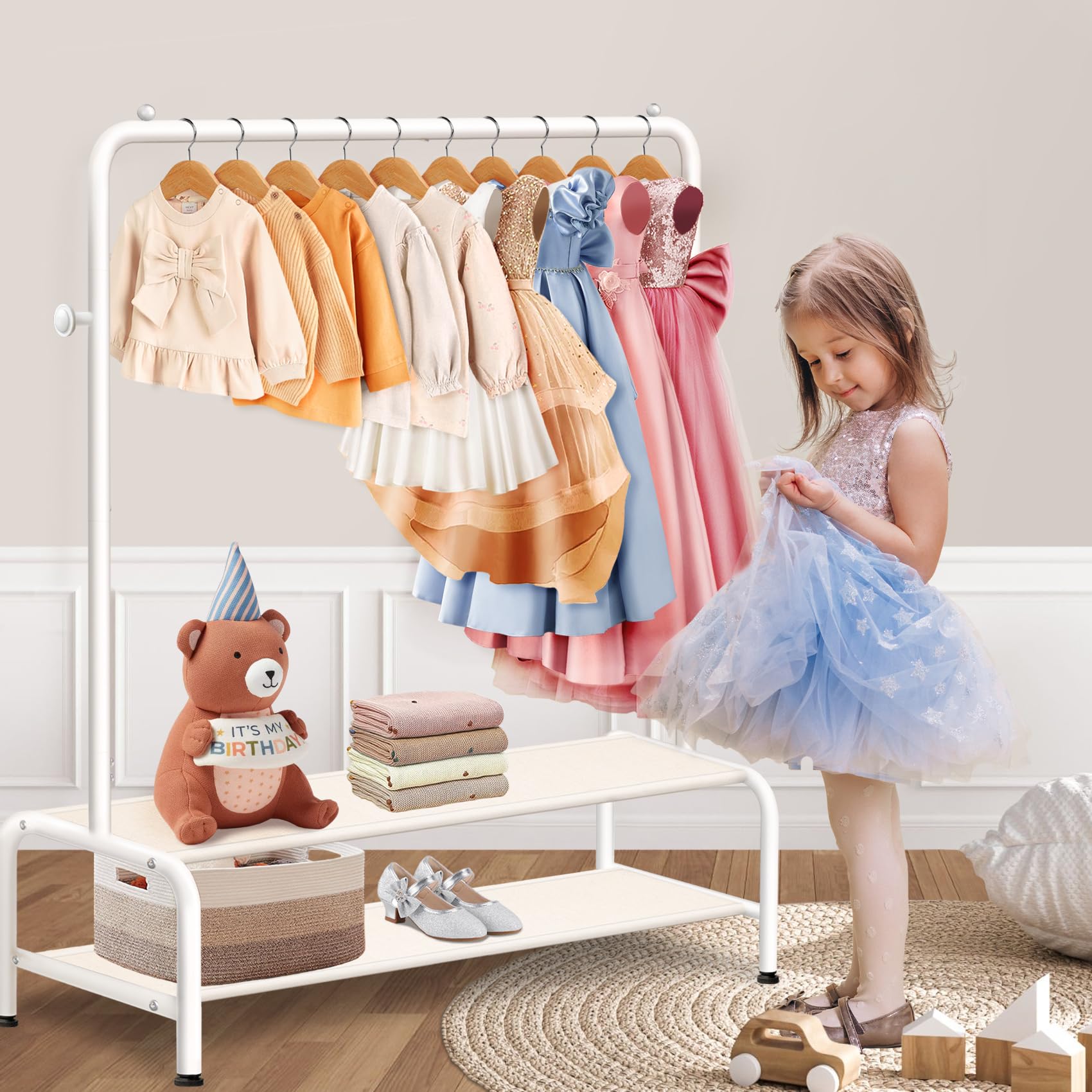 Kids Clothing Rack - Dress Up Clothes Rack - Baby Toddler Closet - Mini Freestanding Coat Racks with 2 Fabric Shelves - Small Kids Costume Wardrobe - Garment Rack for Hanging Clothes Organizer