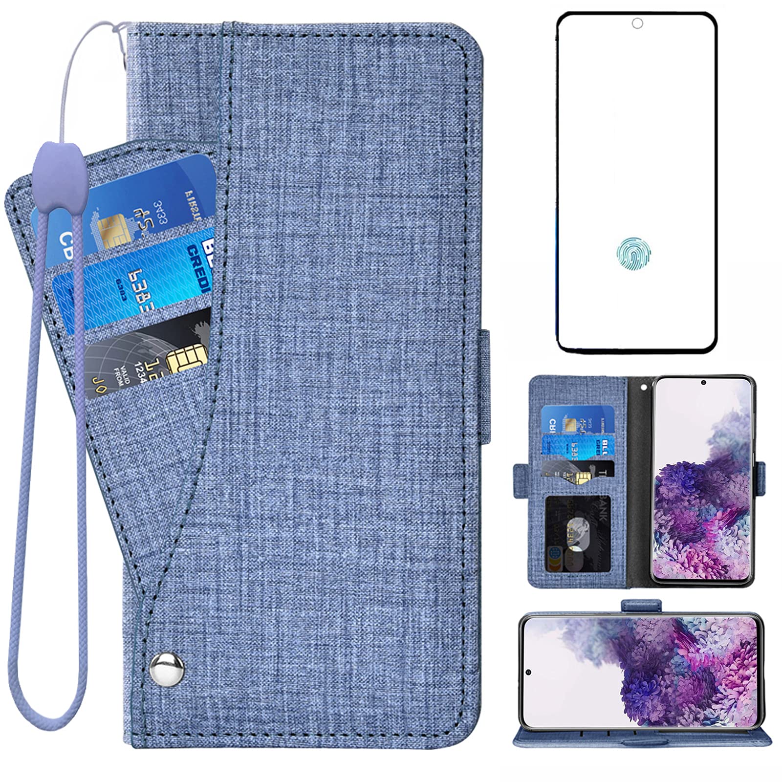 Asuwish Compatible with Samsung Galaxy S20 Plus Glaxay S20+ 5G Wallet Case Tempered Glass Screen Protector and Flip Cover Card Holder Cell Phone Cases for Gaxaly S20+5G S20plus 20S + S 20 20+ G5 Blue