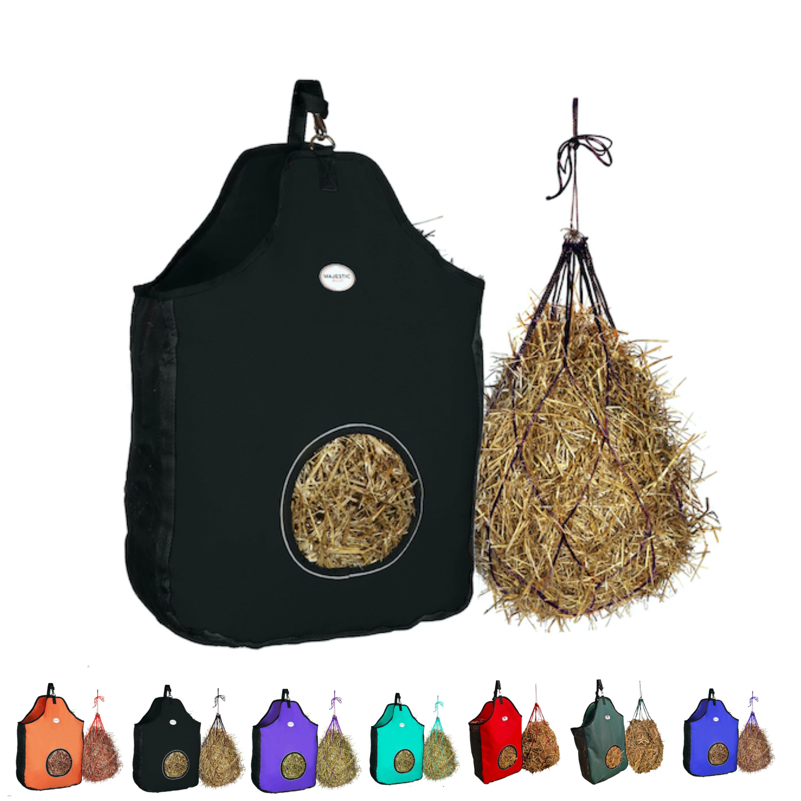 Majestic Ally 1200 D Hay Feeder Tote Bag for Horses, Sheep with Reflective Trim- Reduces Waste - Comes with 36” Hay Net (Black)