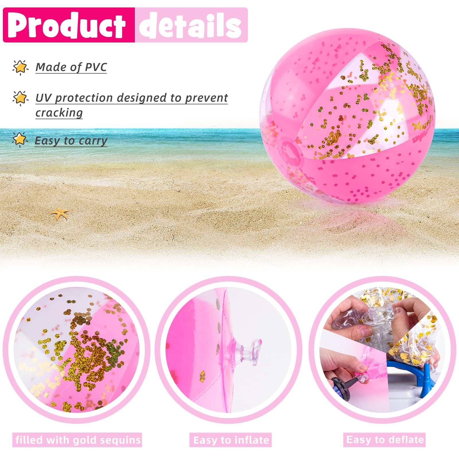 AMOR PRESENT 2PCS Inflatable Beach Balls, Glitter Beach Balls 16inch Pink Balls for Kids Toddlers Swimming Pool Party Summer