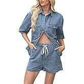 EZAPINE Denim Set for Women 2 Piece Button Down Shirt High Waist Denim Short Set Summer Jean Matching Sets
