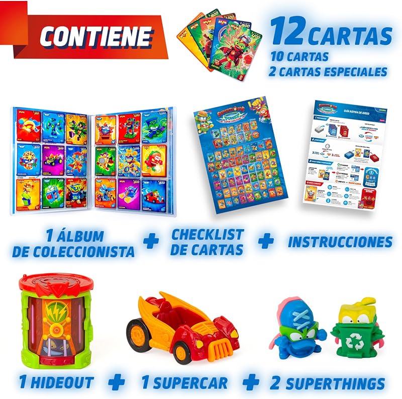 Jogo de Cartas Super Poder SUPERTHINGS – Pack Inicial de Batalha. Caixa com bonecos de ação, acessórios, cartas surpresa de álbuns e colecionáveis. Contém Hidead, Supercar, 2 figuras, livro de coleção e 12 cartas