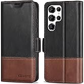 KEZiHOME for Samsung Galaxy S24 Ultra Case, Genuine Leather [RFID Blocking] Galaxy S24 Ultra Wallet Case, Card Slot Kickstand Protective Phone Cover Compatible with Samsung S24 Ultra (Black/Brown)