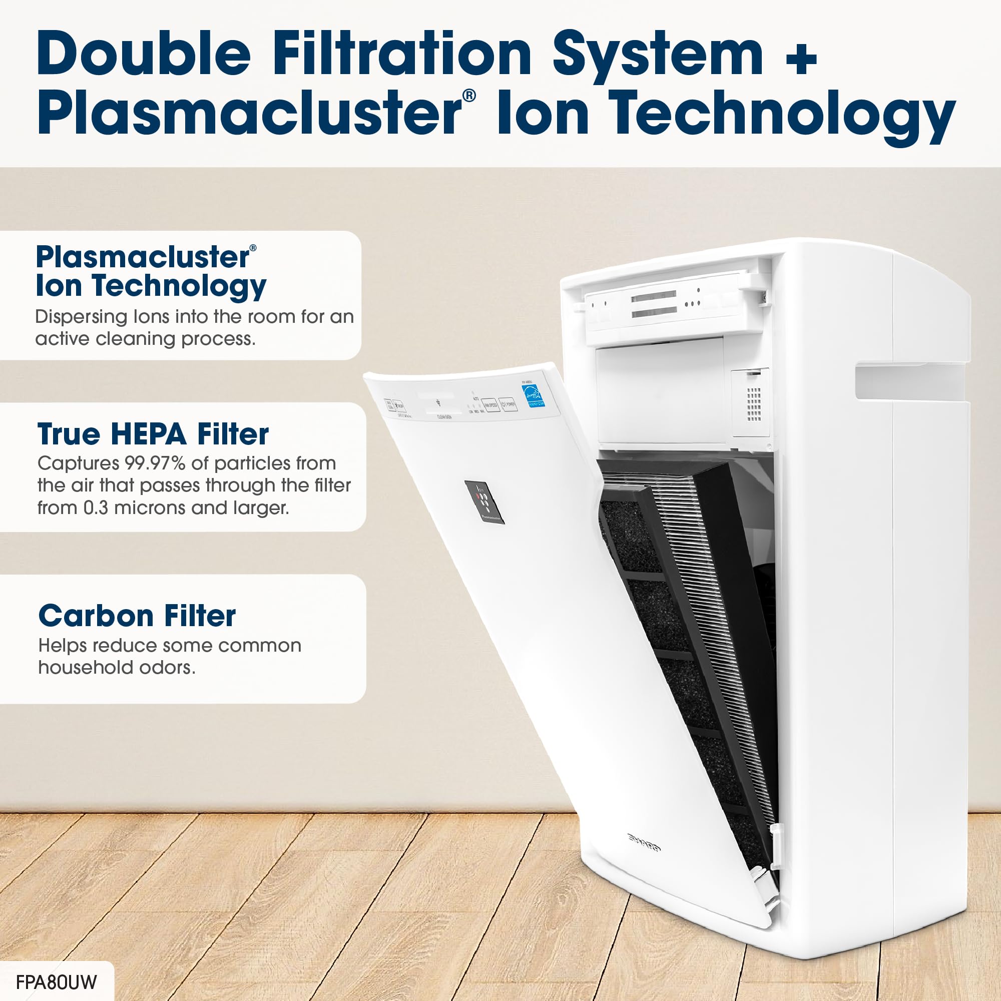 SHARP Air Purifier with Plasmacluster Ion Technology and Triple Filtration, including True HEPA Filter. Covers up to 2,198 sq. ft. for Large Rooms, for Dust, Smoke, and Pollen. FPA80UW