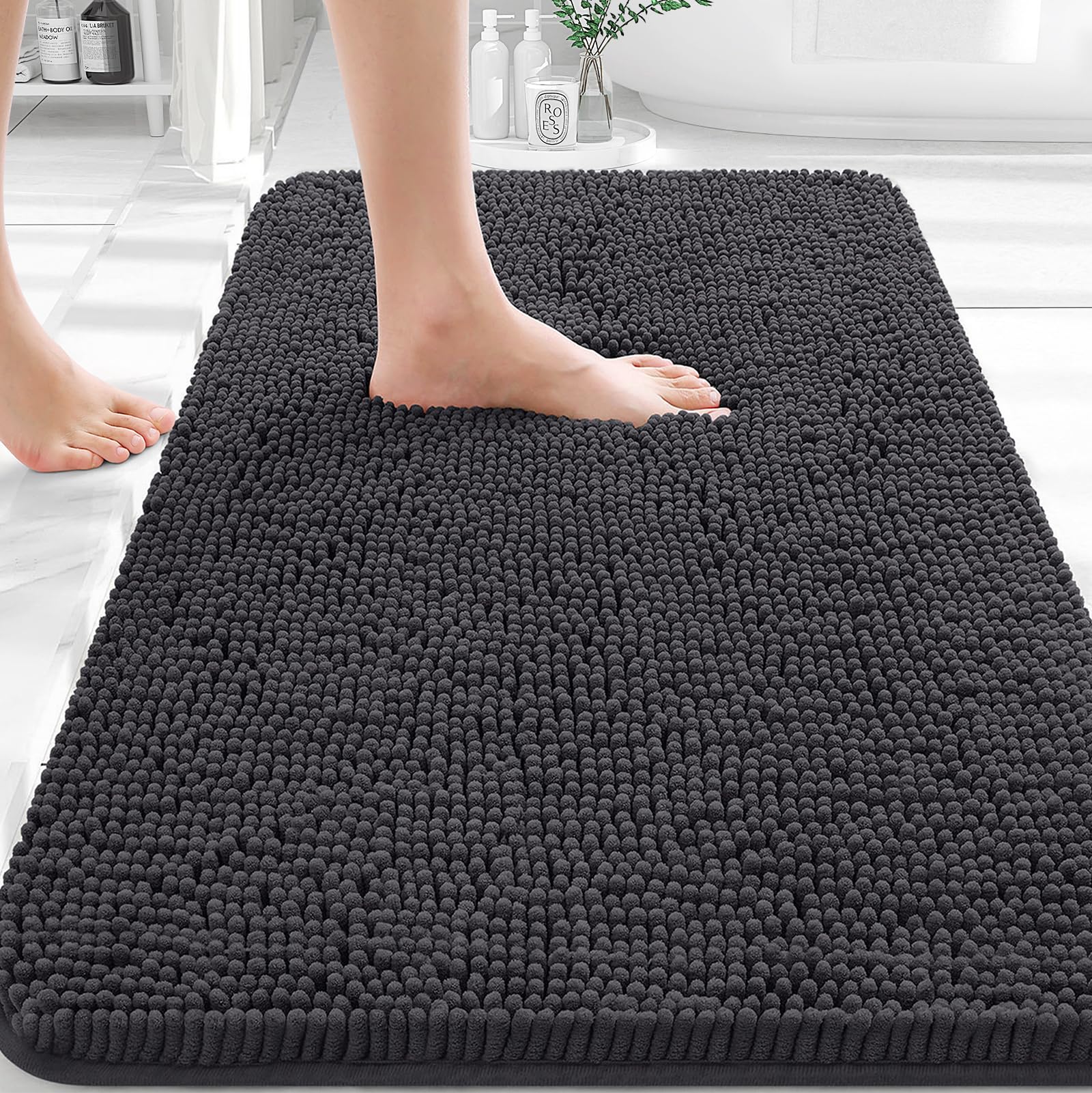 Photo 1 of OLANLY Bathroom Rugs 36x24, Extra Soft Absorbent Chenille Bath Rugs, Rubber Backing Quick Dry, Machine Washable Bath Mats for Bathroom Floor, Tub and Shower, Home Decor Accessories, Dark Grey