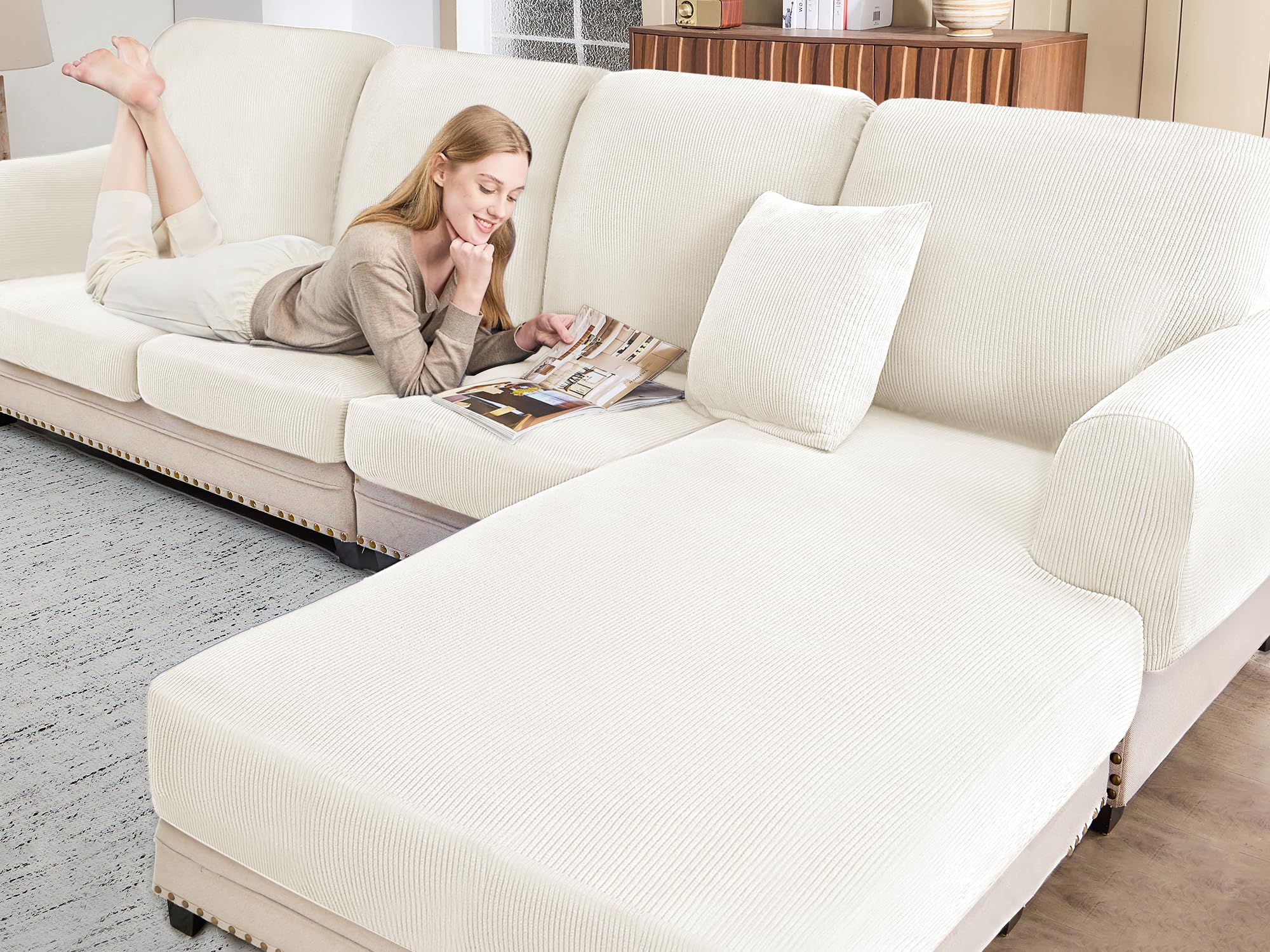 Photo 1 of BT.WA Sectional Couch Covers for Sofa Cushion L Shaped Couch Cover Washable Soft Couch Cushion Covers Stretch Sofa Slipcovers with 2 Pcs Pillowcases(4-Piece 3 Seater + 1 Chaise, White)