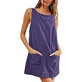 Hooever Women's Corduroy Overall Dress Round Neck A Line Skirtall Jumper Mini Dress Pinafore with Pockets(Purple-XXL)