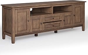 SIMPLIHOME Warm Shaker SOLID WOOD Universal TV Media Stand, 72 inch Wide, Farmhouse Rustic, Storage Shelves and Cabinets for Flat Screen TVs up to 80 inches, in Rustic Natural Aged Brown