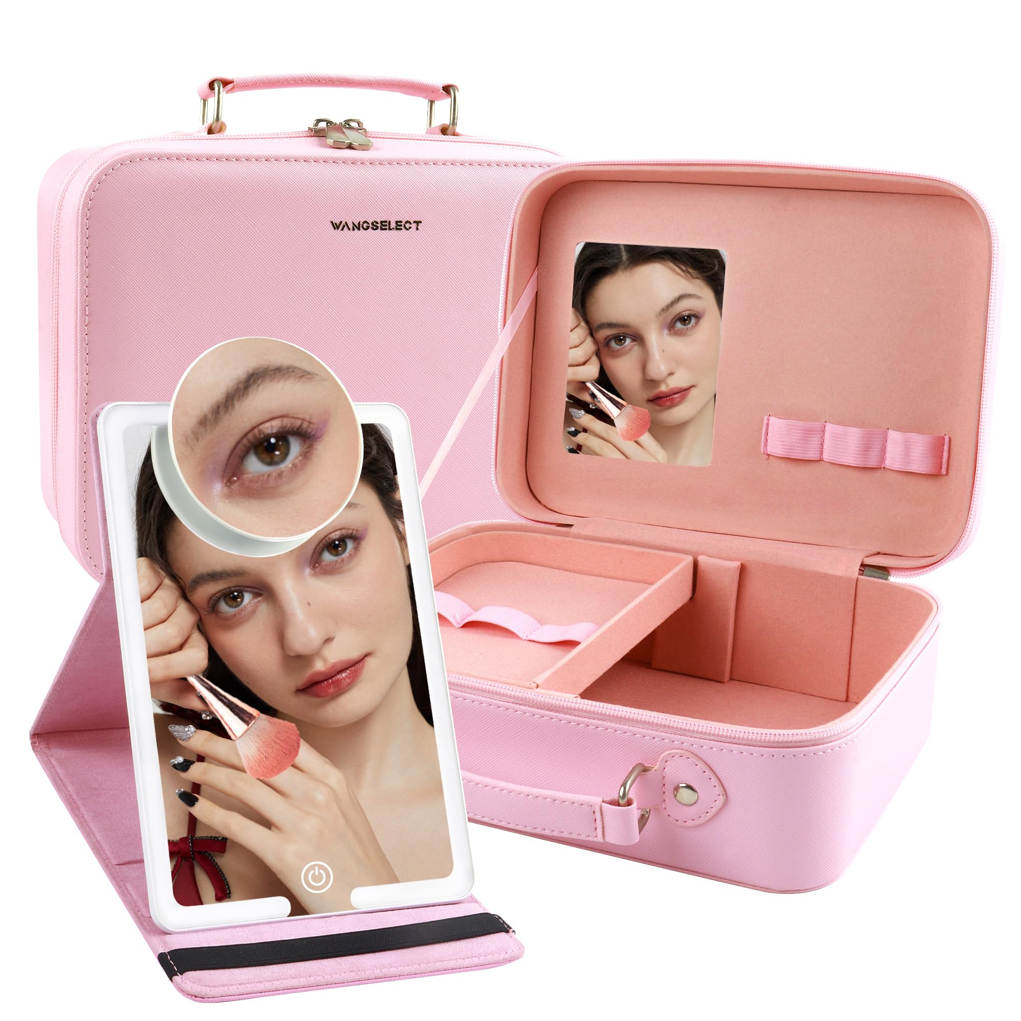 WangSelect Travel Makeup Bag with Light Up Mirror Makeup Organizer Box Travel Train Case Portable Campct Mirror Cosmetic Bag for Women (Pink)