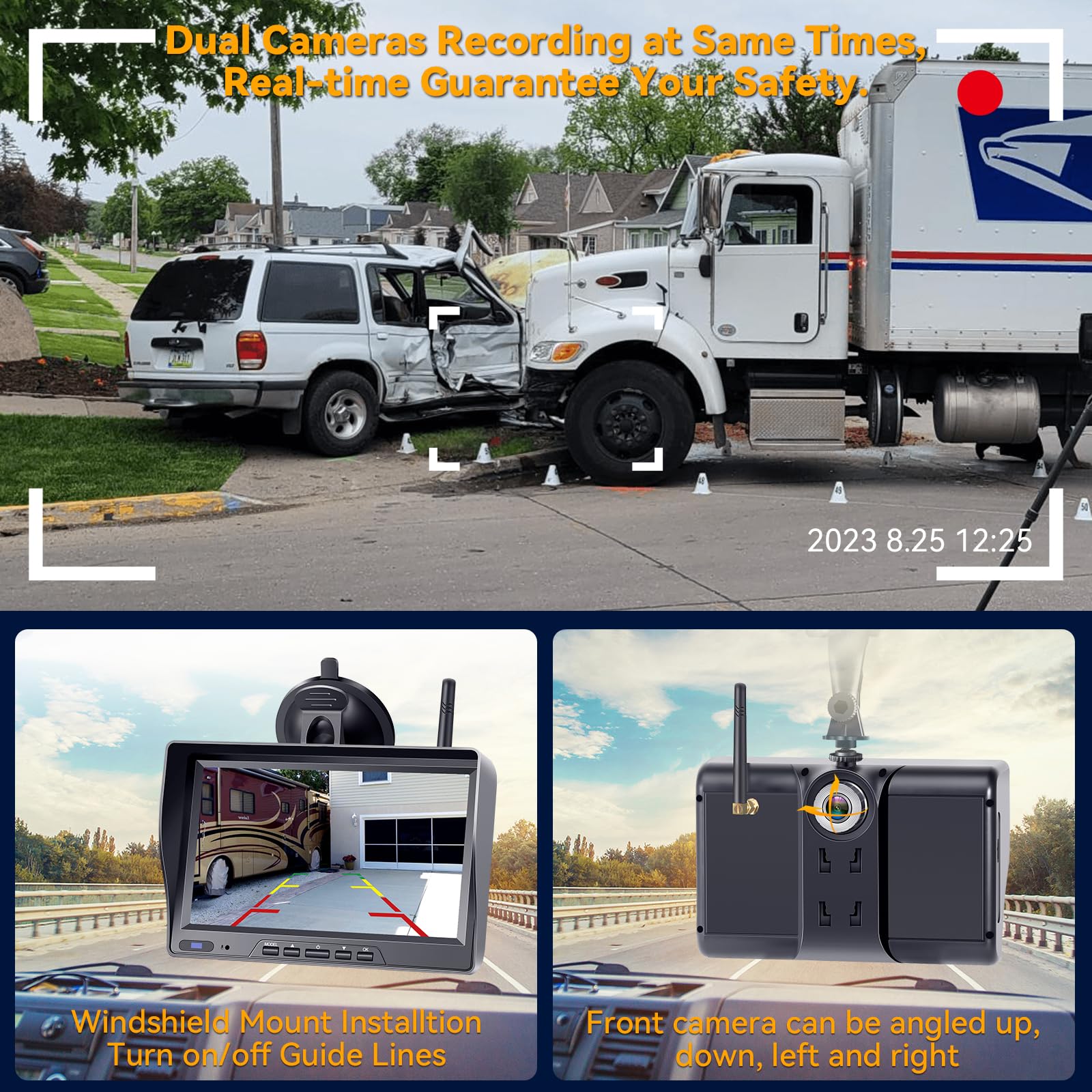 Wireless Backup Camera for RV, 7 Inch Dual Camera System with Front Cam, 1080P HD, 360° Rotation, 32GB TF Card - Compatible with Furrion Pre-Wired RV Camera for Trailers, Trucks & Campers