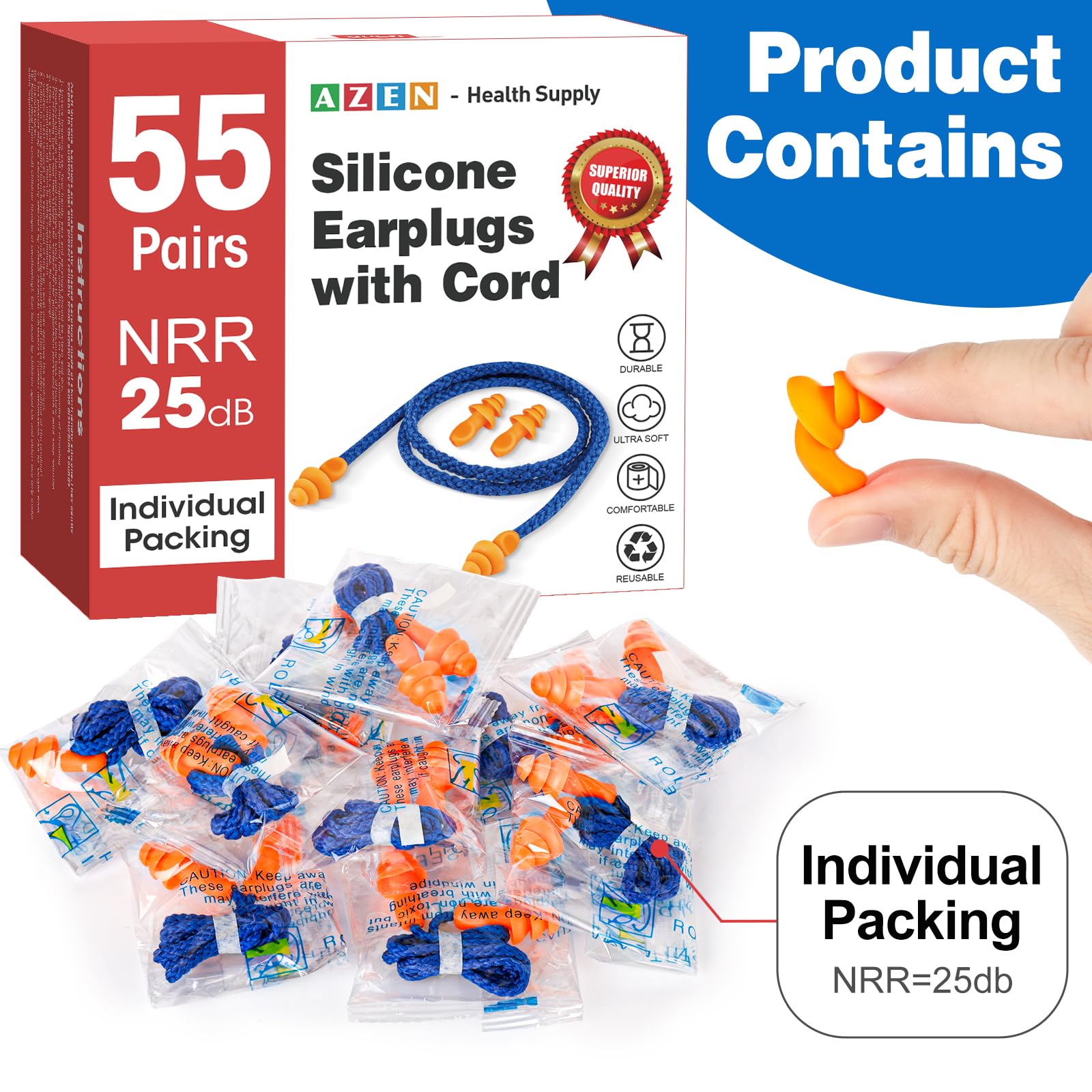 AZEN 55 Pairs Silicone Ear Plugs, Reusable Earplugs for Noise Reduction, 25dB NRR Corded Ear Plug for Sleeping Noise Cancelling, Ear Plug with String Individual Packing