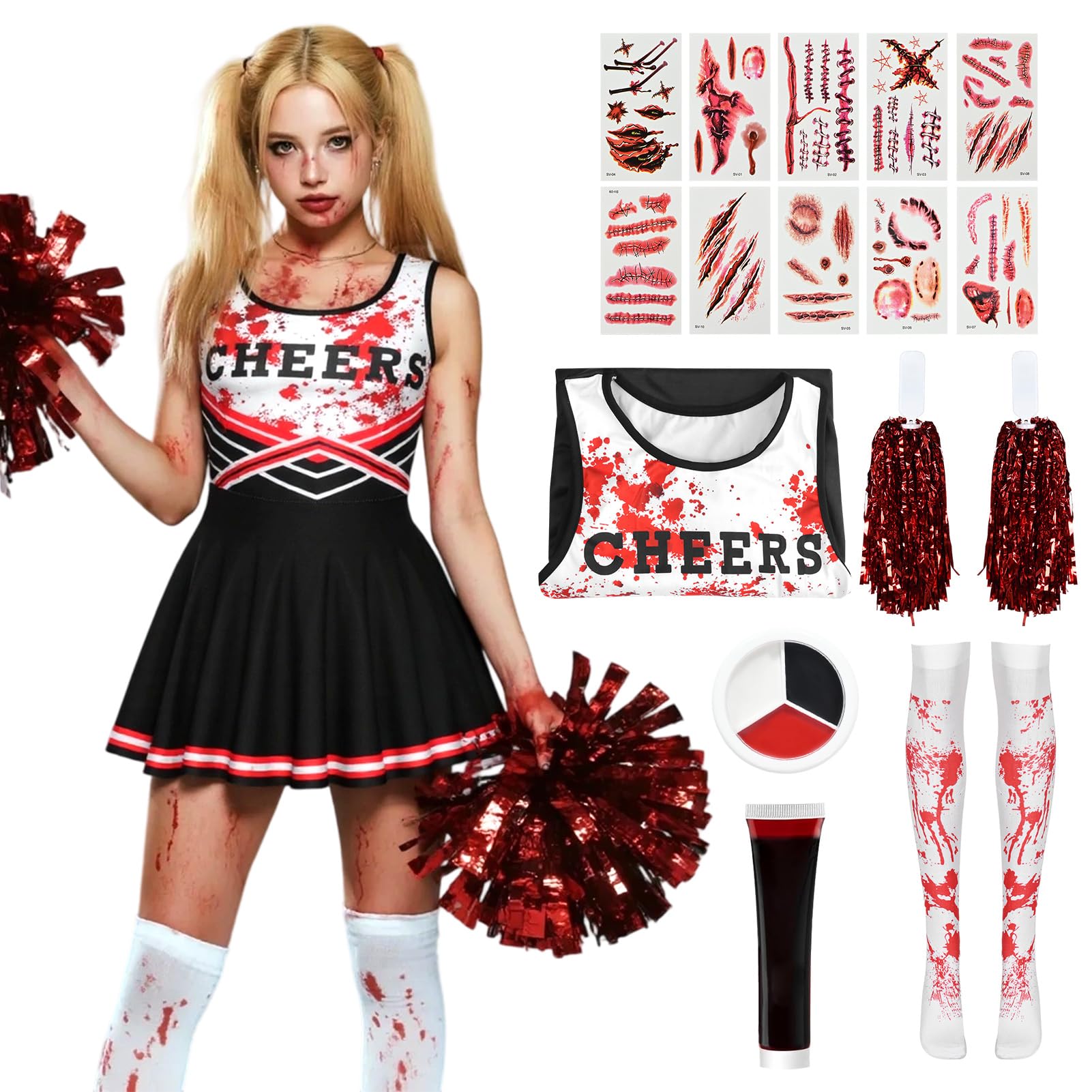 HarnyLoom Cheerleader Costume Kids Adults Zombie Cheerleaders Dress Girls Women Outfit Bloody Pom Poms Stickers Dead Spooky Halloween Parties Dress Up